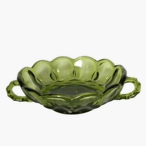 Vintage Avocado glass Anchor Hocking two-handled candy dish